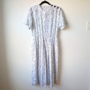 Vintage Southern Lady Botanical Print White and Blue Midi Dress